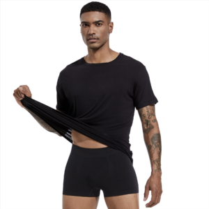 a man in a black undershirt and black short