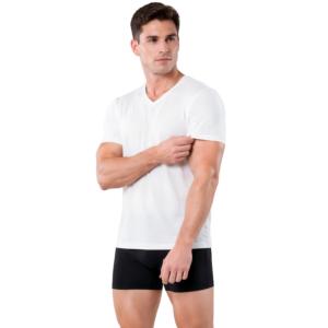 a man in a white V-neck undershirt and black boxer