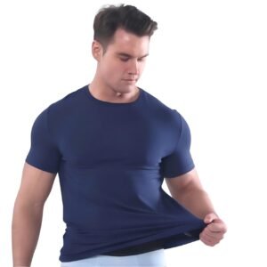 a man in a navy T-shirt